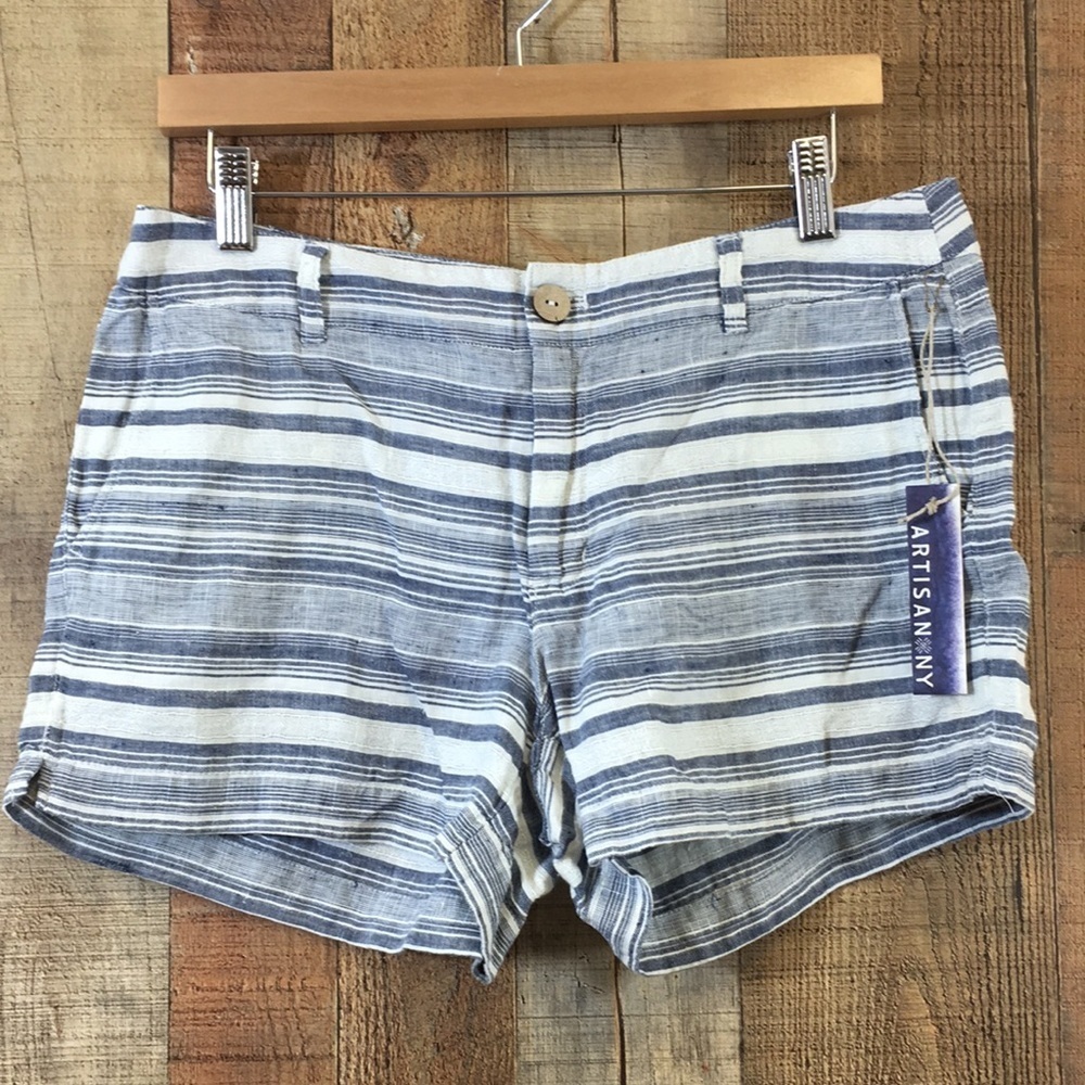 Artisan NY Linen Shorts Womens 8 Blue White Striped Flat Front